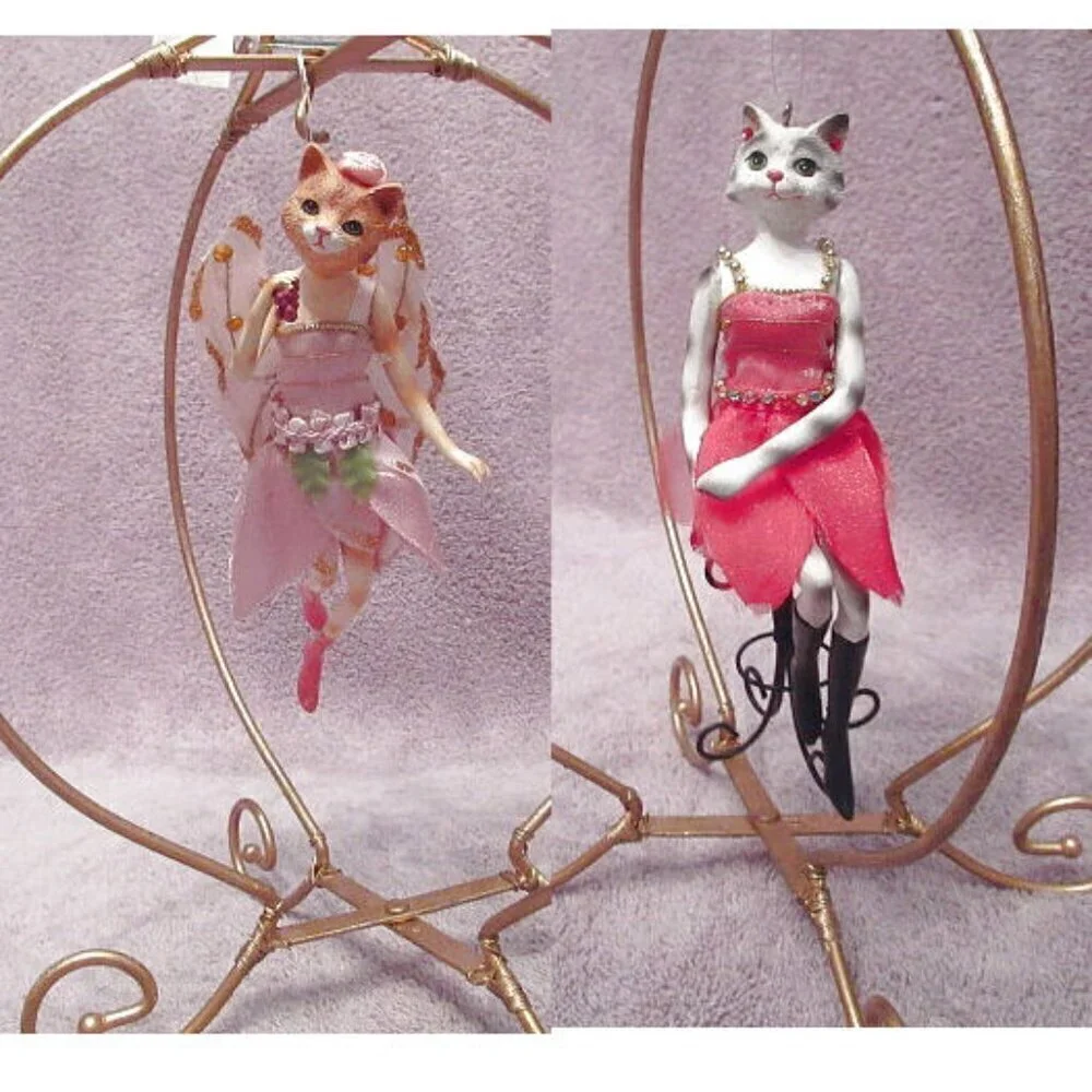 Set Of 2 CAT ORNAMENTS All Dressed Up PORCELAIN Anthropomorphic FAIRY Kitty VTG